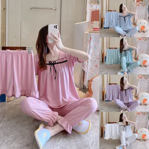 여성용 반팔 반바지 바지, 모유 수유 의류, 캐주얼 홈웨어, 3 피스 잠옷, 출산 여름 신상