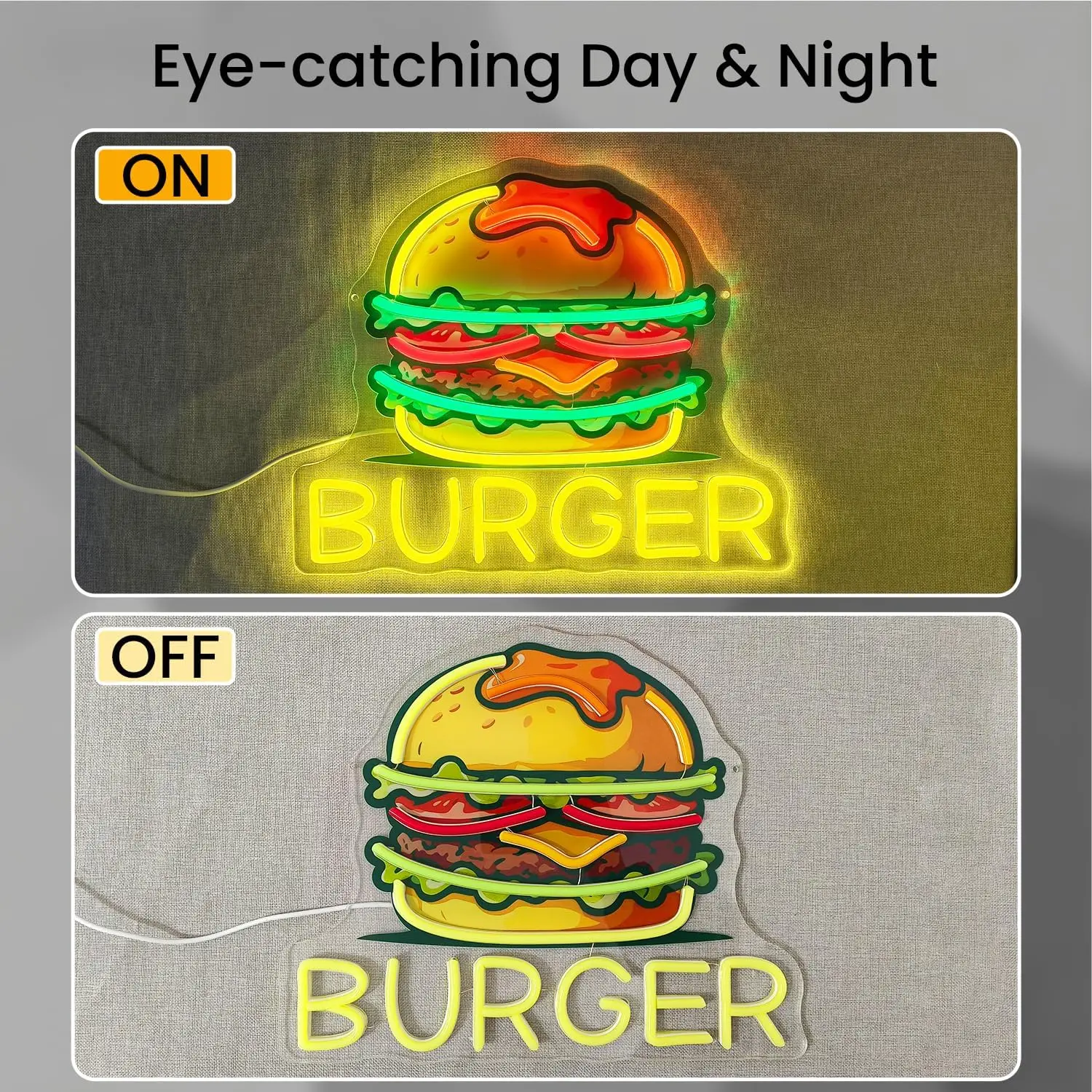 Burger Neon Sign, LED Hamburger Signs for Restaurant Snack Bar Fast Food Shop Kitchen Bedroom Party Wall Decor, USB Powered view 4