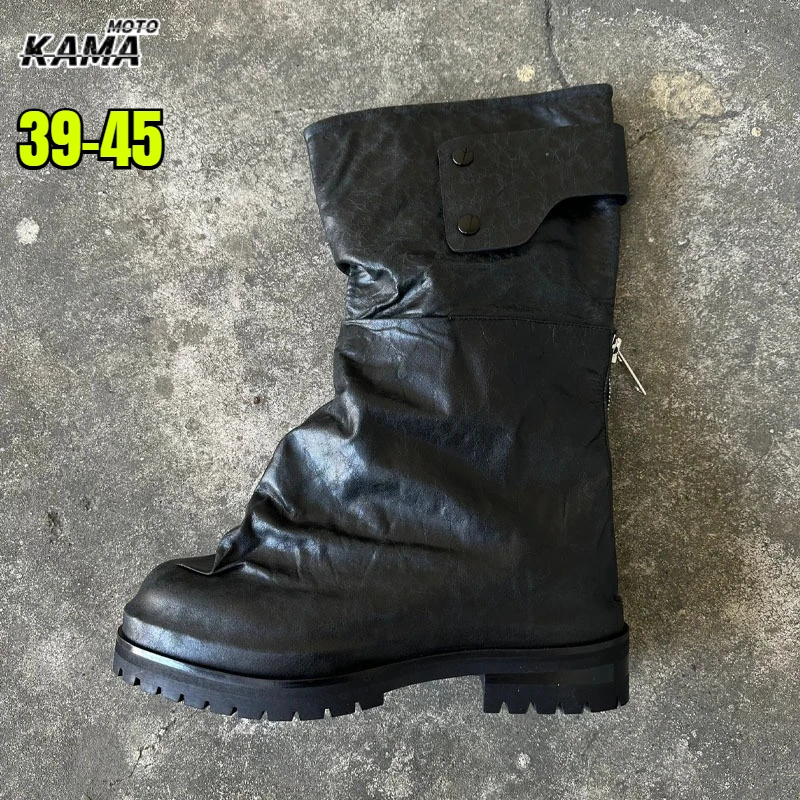 Botas de media pantorrilla para hombre de cuero arrugado con tacón grueso, cremallera trasera, estilo motero, suela gruesa oscura, botas de caballero, botas moto