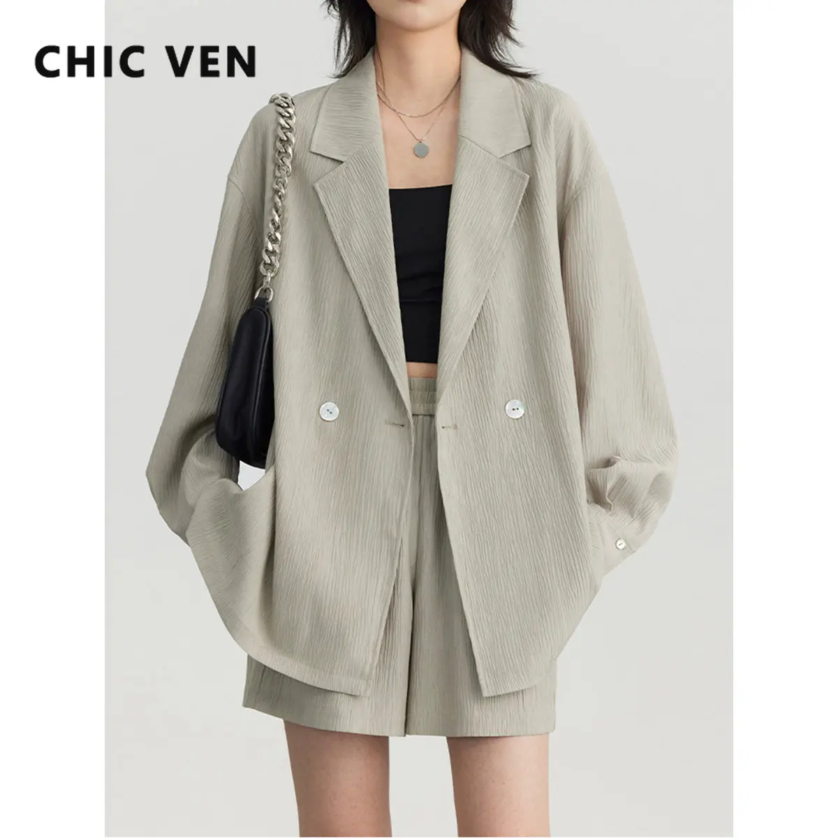 

CHIC VEN Women's Blazers Casual Long Sleeve Jackets Texture Suit Coats Shorts Two-piece Set Fashion Office Lady Top Summer 2023