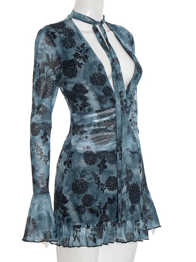 SsTss Новое женское мини-платье с принтом в сетку, сексуальное вечернее платье с глубоким v-образным вырезом и длинными рукавами, рюшами и высокой талией, облегающее вечернее платье с рюшами по подолу, наряды