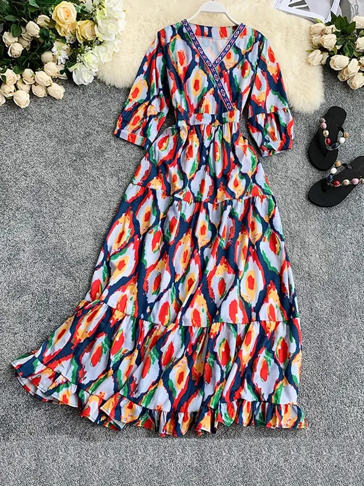 Summer Women's Retro Ethnic Print V-Neck Short-Sleeved Long Dress New Waist Slimming Ruffle Female Dresses QX946