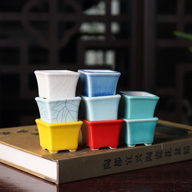 Porcelain Colorful Glazed Mini Square Bonsai pot,Small Flower Bonsai Moss Planting pot,Indoor Planting