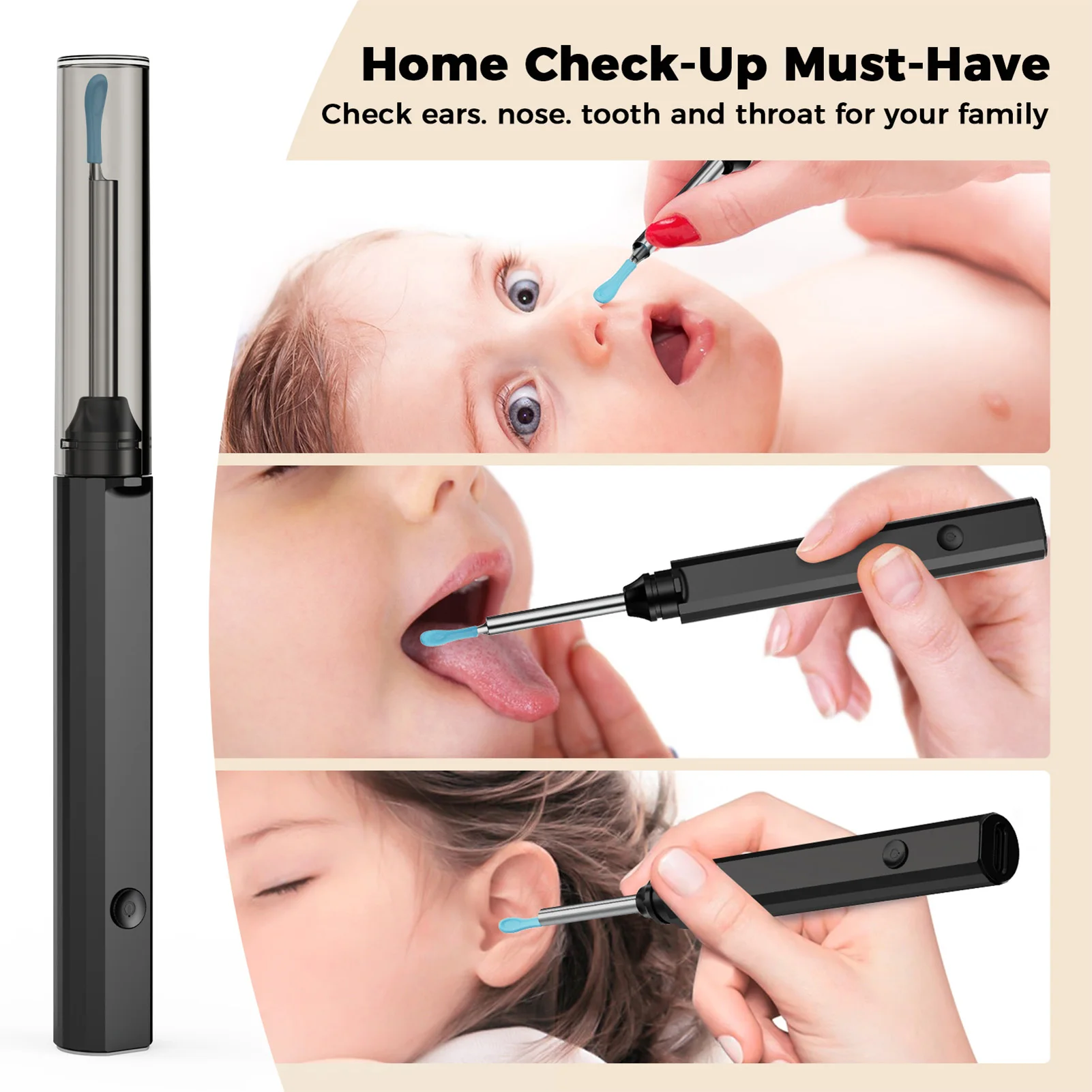 LED Lighted Ear Pick Spoon Ear Wax Cleaner with Soft Silicone Tip Rechargeable Electric Ear Pick for Family Check Ear Nose