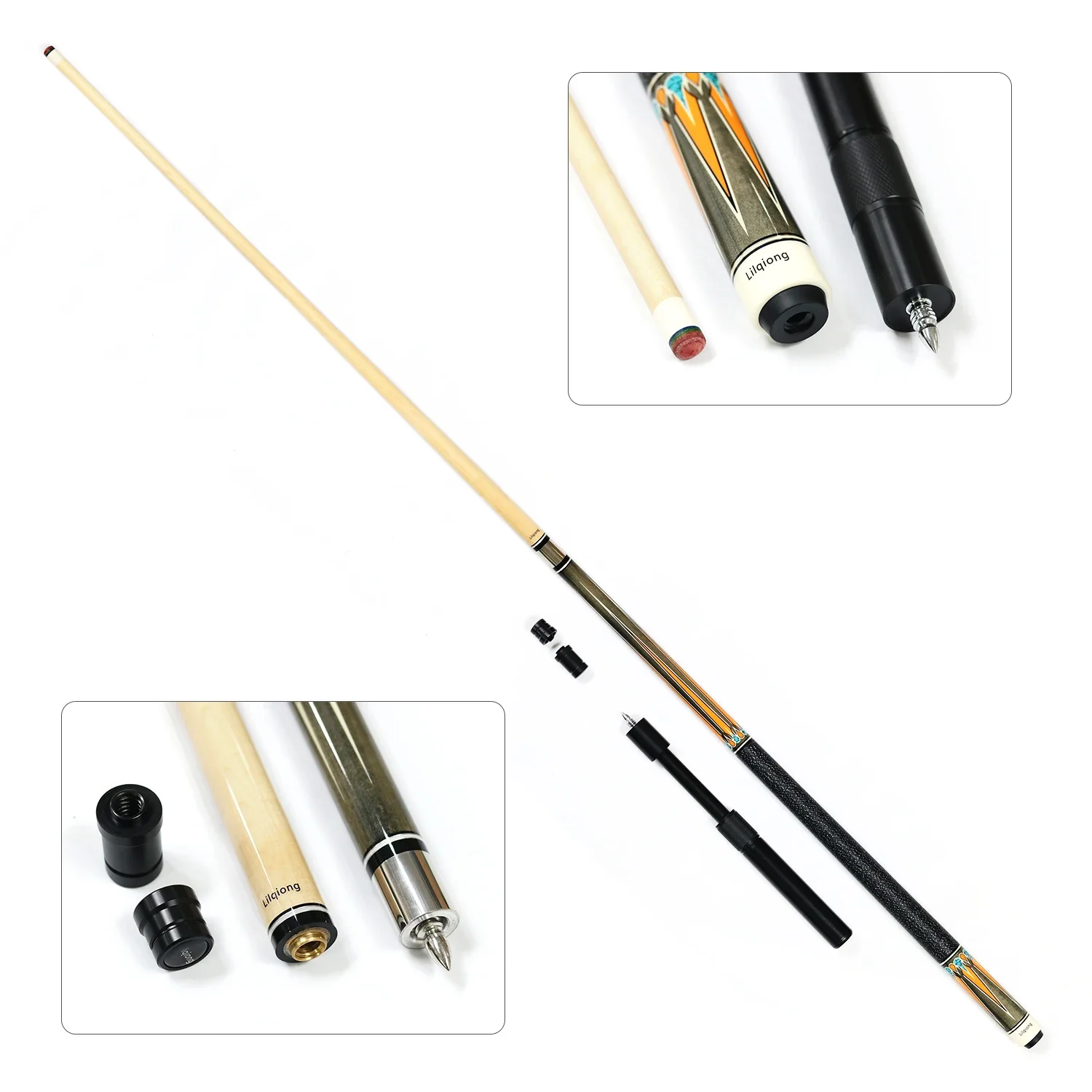 for High quality handmade 1/2 billiard club,58inch,13mm tip,19-21oz,Exquisite pattern, colorful grip, Canadian maple wood