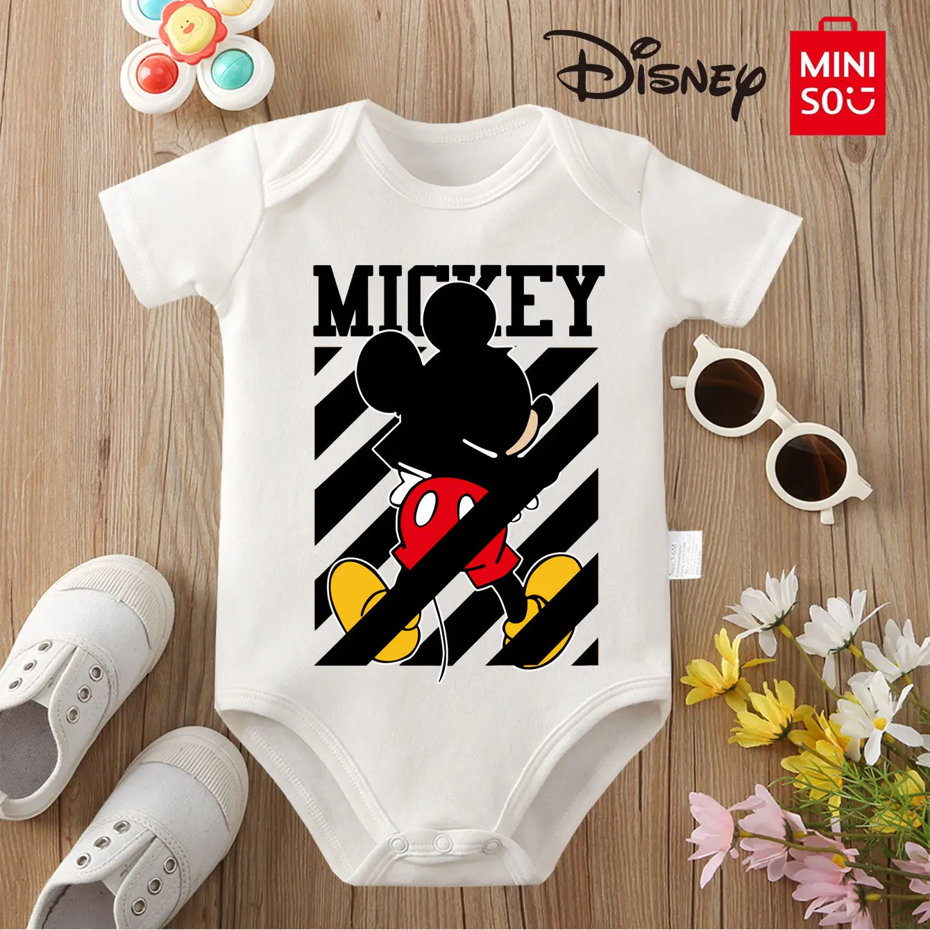 

MINISO Print 100% Cotton Bodysuit Soft Mickey Mouse Baby Cloths Best Gift for Baby Onesie Jumpsuit for 0 To 12 Months Newborn