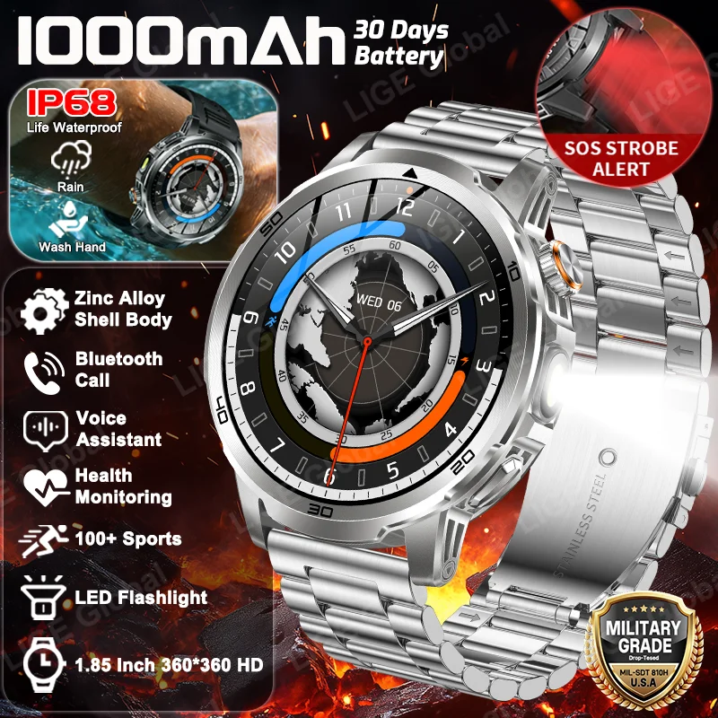

LIGE 2026 Men's 1000mAh Battery Military Smart Watch SOS Distress Light LED Flashlight Outdoor Sports Smartwatch 1.85" AMOLED
