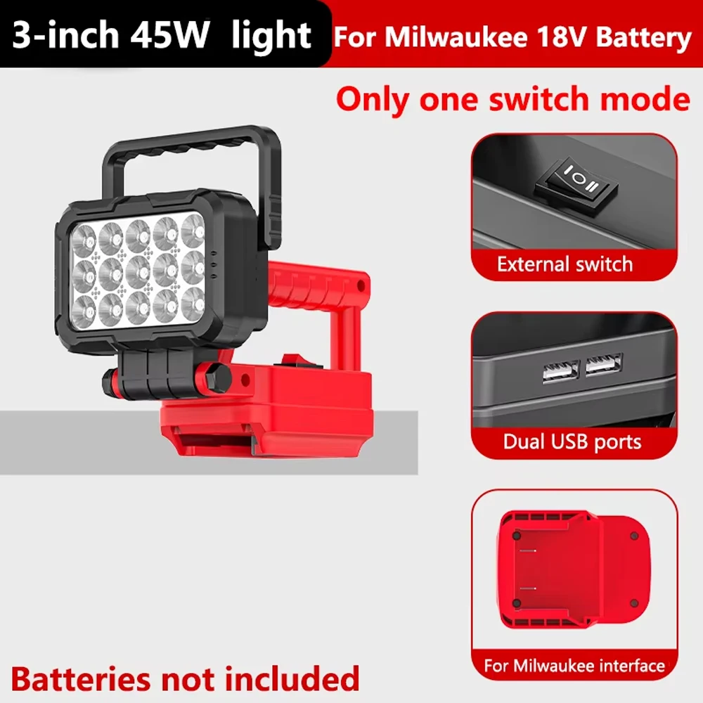 Für Makita/Dewalt/Milwaukee 14,4V 18V Li-Ionen-Akku 3 Zoll mit Dual-USB-Hakenlampe, Handlaterne, Scheinwerfer (ohne Akku)