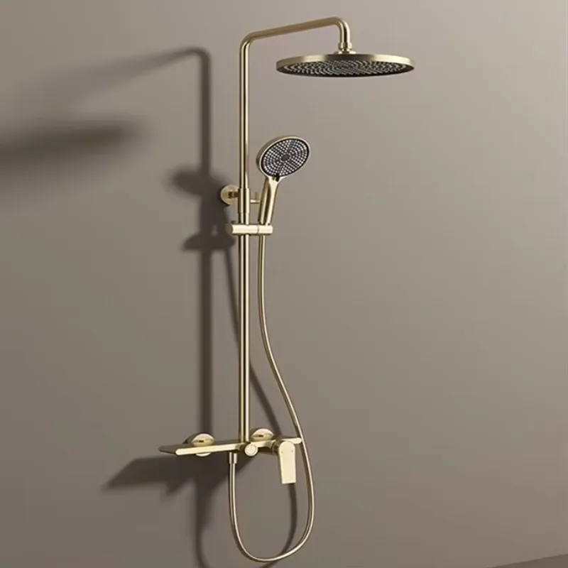 

Bathroom Shower System Thermostatic Brass Mixer Faucet Hot Cold Bathroom Tap Rain Shower Set Ceramic for Hotels Brushed Gold