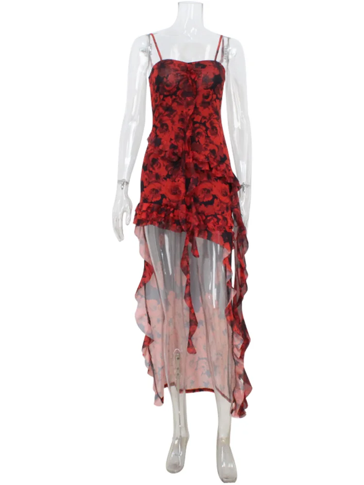 Ahagaga 2025 Summer Fashion Women's Straps Dresses Print Asymmetrical Chiffon Floral Streetwear Skinny Trailing Yk2 Vestidos image 6