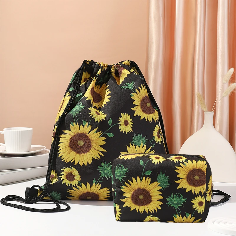 Sunflower Print Combination Travel Bag for Outdoor Travel, Storage and Makeup Bag, Portable Foldable Drawstring Backpack