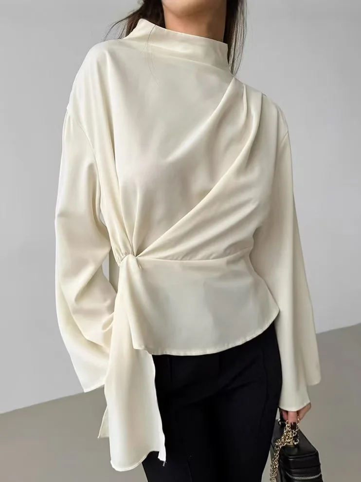 เสื้อเชิ้ตผู้หญิงทรงหลวม แขนยาว คอตั้งพับได้ ทรงบาน สไตล์ลำลอง สีพื้น เหมาะสำหรับใส่ทำงานในออฟฟิศ