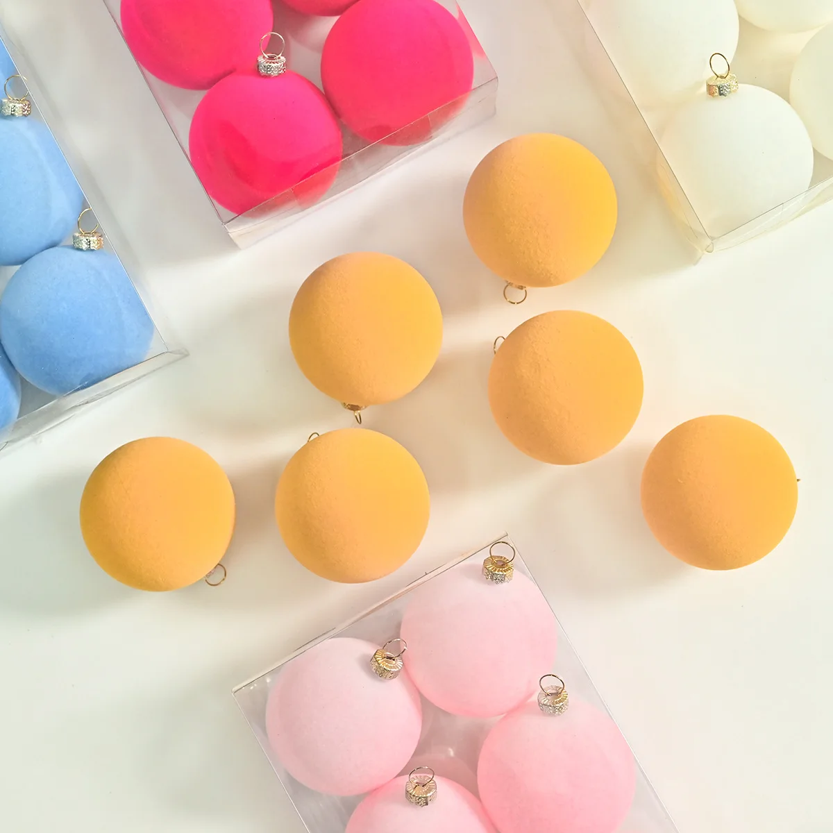 

6cm 6Pcs Painted Flocked Macaron Color Christmas Decoration Balls Flocked Christmas Balls Set Christmas Tree Hanging Decoration