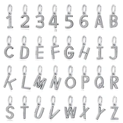 Original Silver Plated Charms For Women A-Z Letters 0-9 Numbers CZ Pendant Beads Fit Pan Bracelets Necklaces Jewelry Gift
