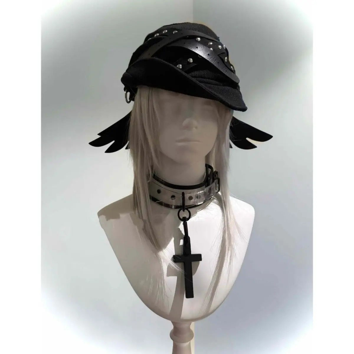 Cross Leather Wings Warm Hat Black Punk Rivet Folded Hat High Street Hat