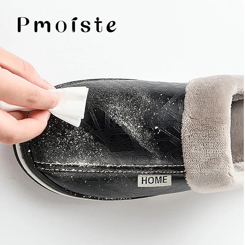 Furry Men Home Slippers PU Leather Winter Indoor Slippers with Fur Waterproof Massage Foam Male House Slipper Soft Plus Size 51