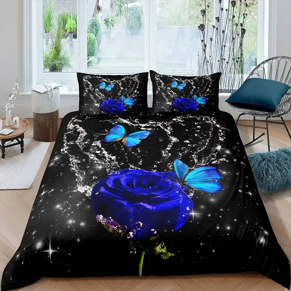 Rose Duvet Cover Set Women Chic Purple Floral Print Bedding Set Romantic Flowers Glitter King Size Comforter Cover For Couples