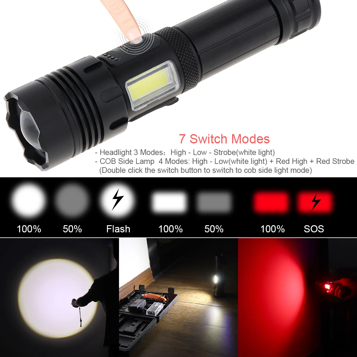 Zoomable 3000 Lumen Recarregável Lanterna LED, Caça, Camping, Micro Carregamento USB, 7 Modos de Luz, Tocha