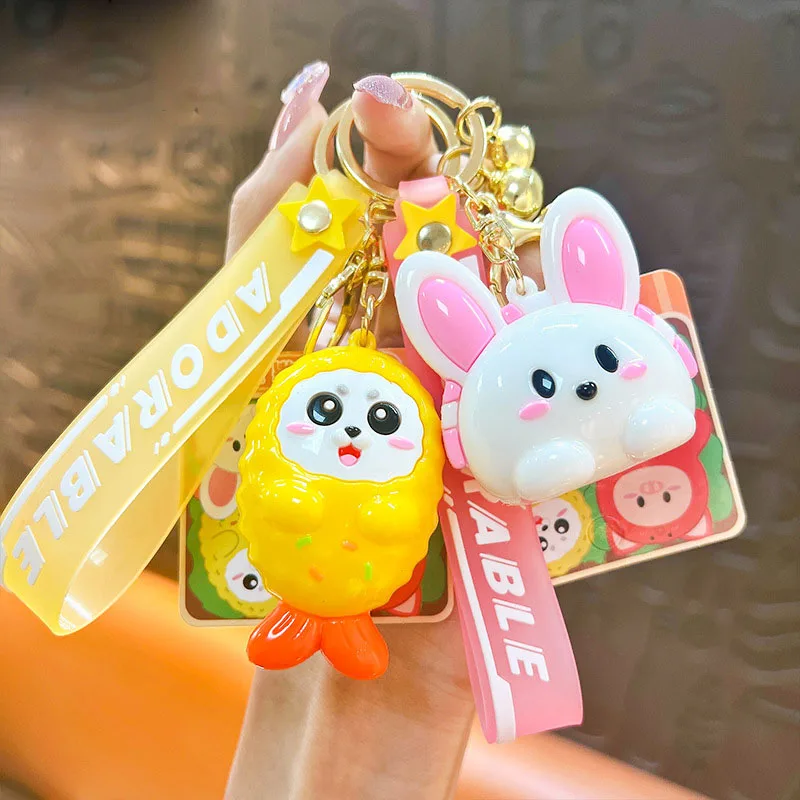 Cartoon Sushi Genie Cake Keychain Creative Cute Bunny Piggy Shrimp Exquisite Pendant Keyring Kawaii Animal Keyfob for Women Girl