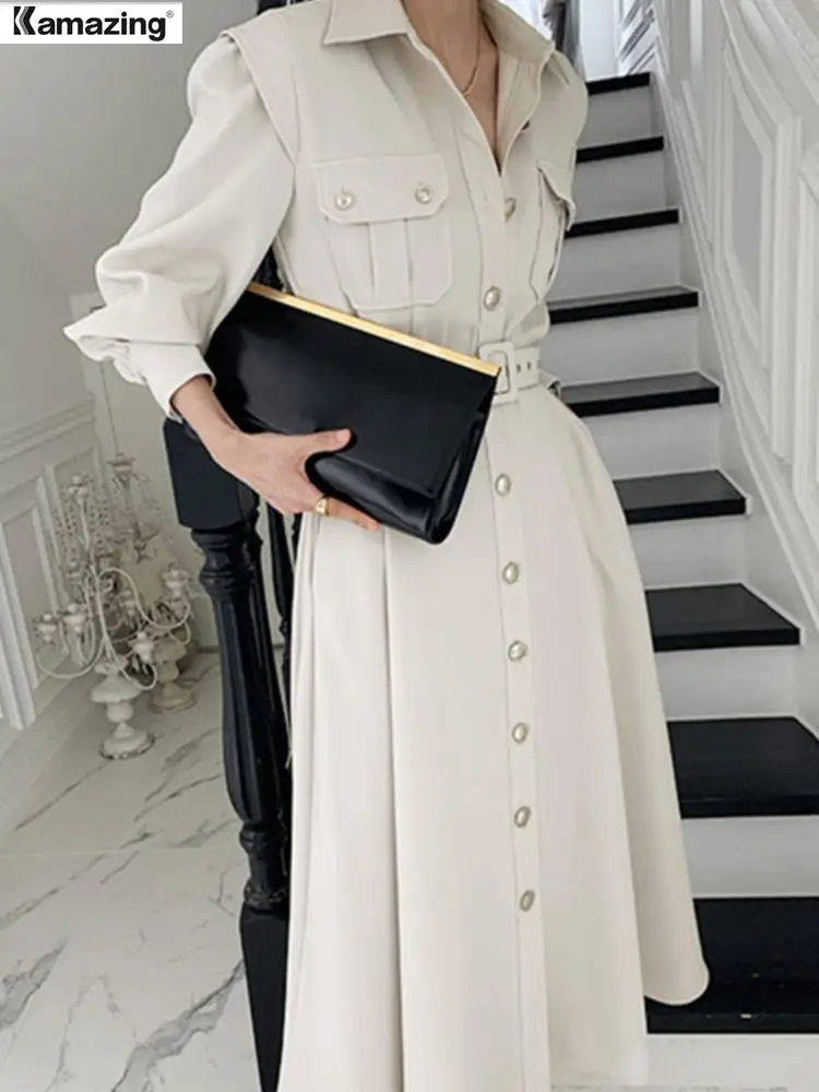 Spring Autumn Women Dress Fashion Female Puff Sleeve Vintage Solid Midi Shirt Dress Casual Single Breasted Waistband Chic Dress