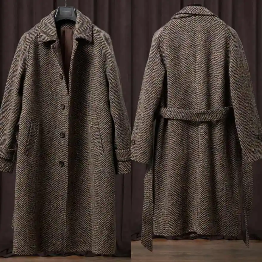 Charming Herringbone Tweed Overcoat Notched Lapel Single Breasted Belted Long Coat For Office Formal Daily Occasion Customized