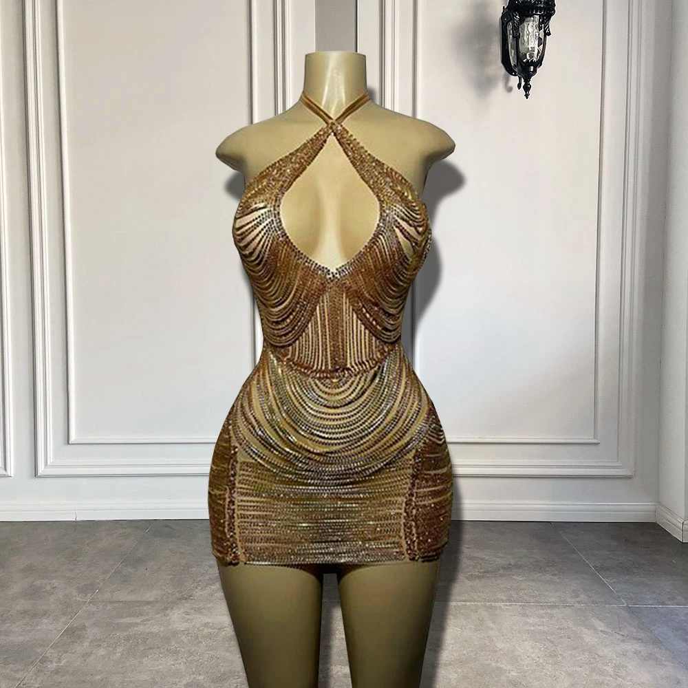 Luxury Halter Sleeveless Real Cocktail Gowns Black Girl Gold Short Mini Prom Dresses 2026 For Birthday Party