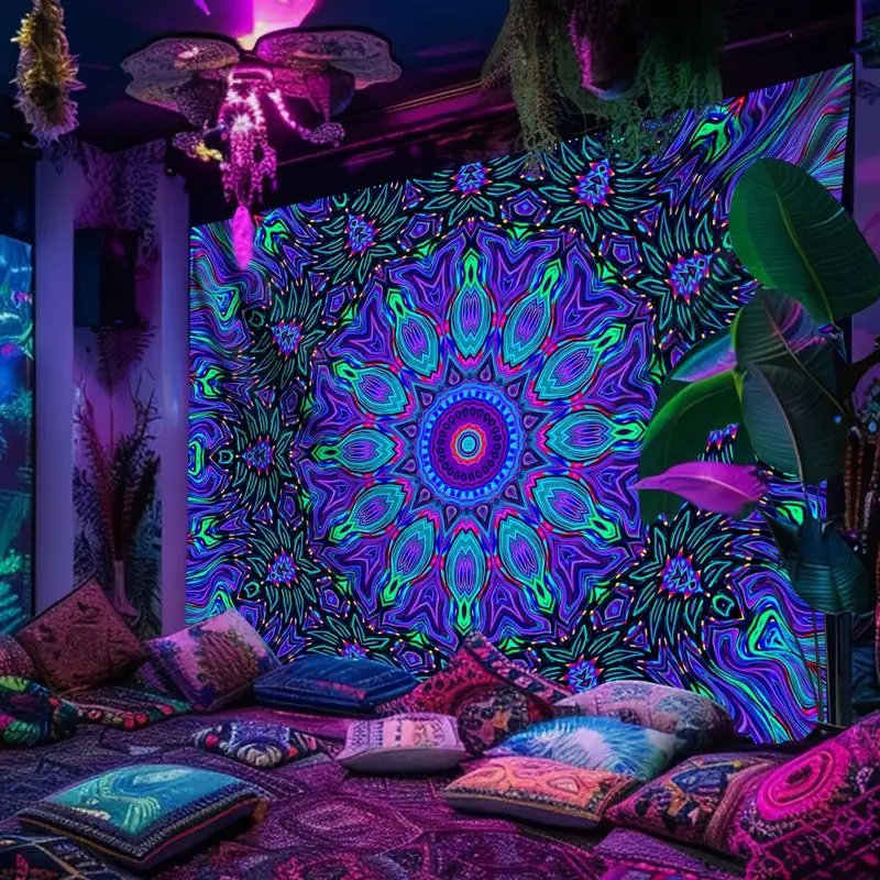 VIKAMA Psychedelic Blacklight Tapestry UV Reactive Mandala Neon Flower Wall Hanging Trippy Boho Decor for Party Dorm