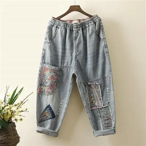 Imagem -06 - Calça Jeans de Algodão com Cintura Elástica Feminina Bordados em Patchwork Jeans Soltos Vintage Novo Estilo Artístico Primavera Verão C824 2023