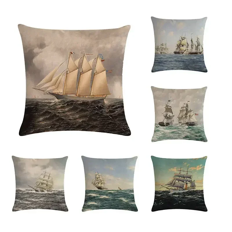 Home Decor Sailing Ships: Vintage Maritime Pillow Covers Pattern Cushion Cover Suitable for Sofa Bedroom Car Pillow Cover
