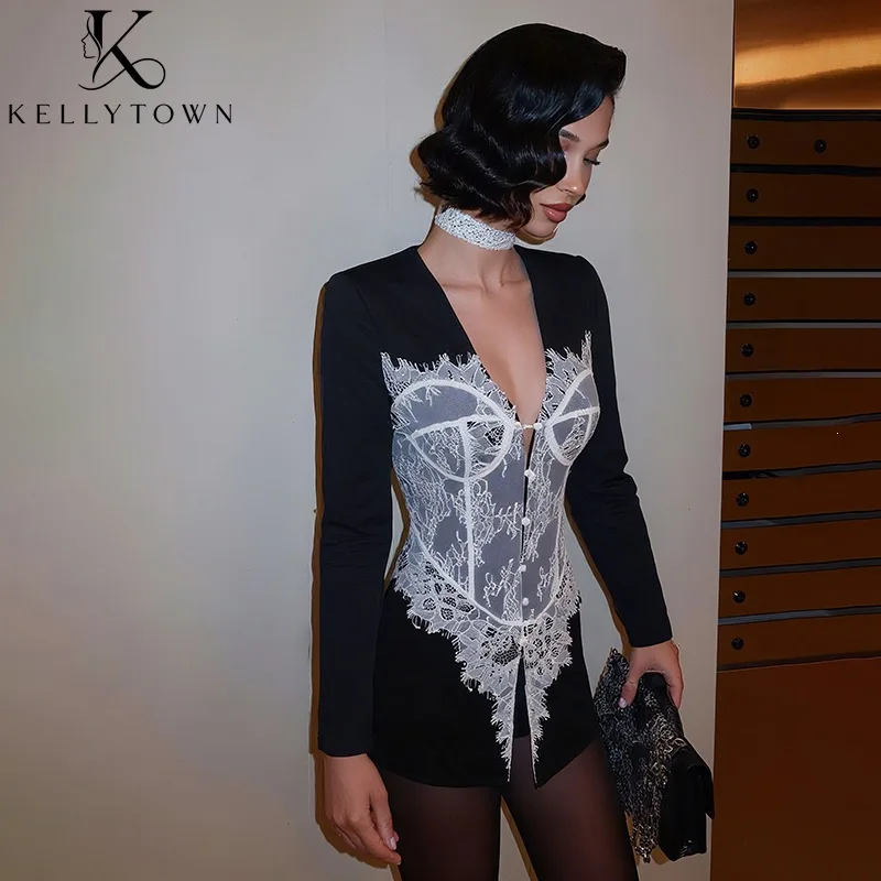 Trim Lace Blazer Women Long Sleeve Waist-Cinching Coat Jacket Autumn Winter Women Clothes V Neck Color Block Black Blazer Sexy