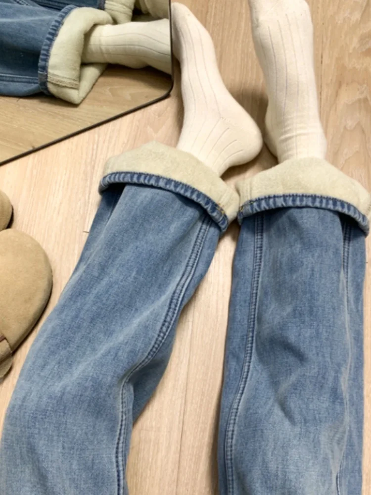 

Женские джинсы больших размеров с высокой талией, на флисовой подкладке, прямые, осенне-зимние, новинка 2025 года, утягивающие, широкие, длинные брюки