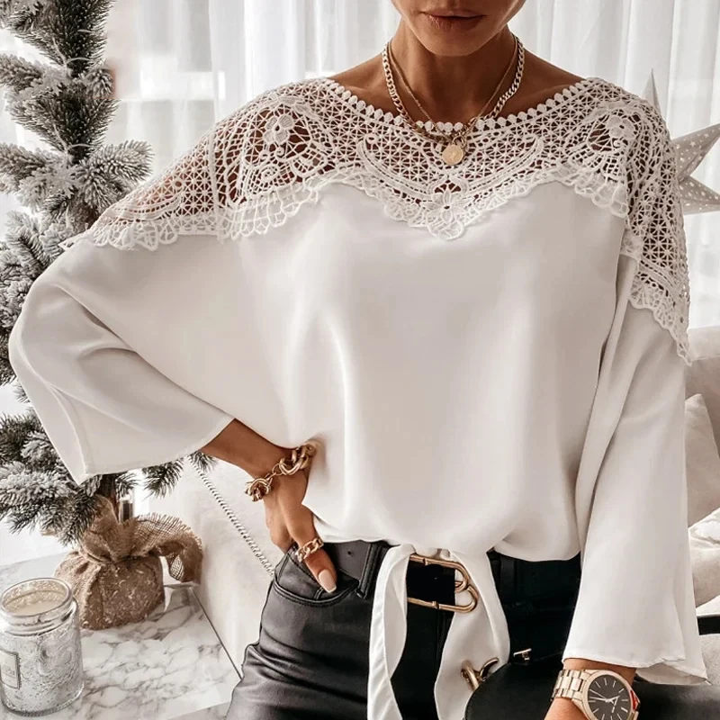 Summer Women New Crochet Lace Blouse Casual Sexy Lace Stitching White Shirts Vintage Elegant Ladies Loose Tops Blusas 12459