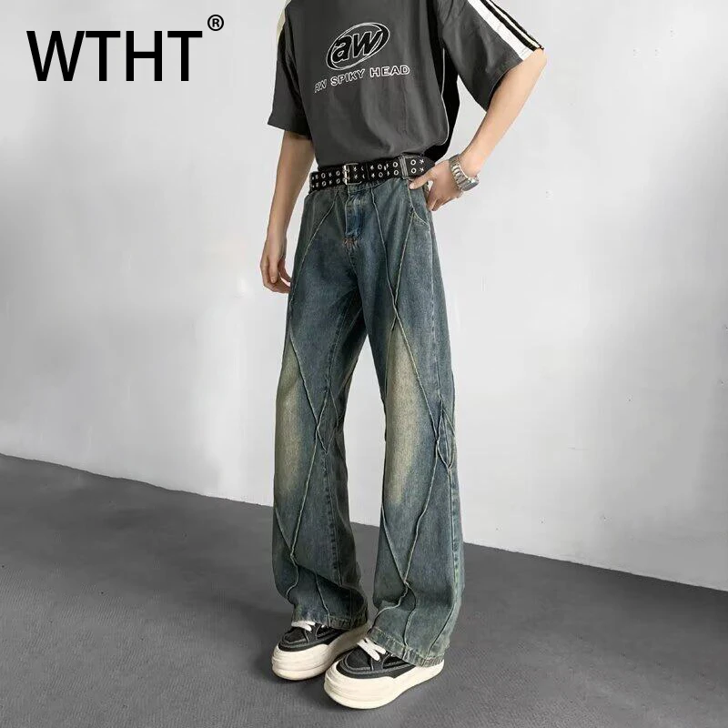 

WTHT Fashion Summer Men's Patchwork Gradient High Street Denim Pants Vintage Wash Straight Loose Wide Leg Jeans Male 2A0167