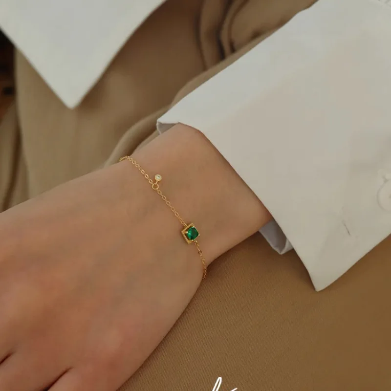 

French Gold Color Square Emerald Stone Zircon Bracelet Necklace for Women Lady Temperament Luxury Trendy Party Fine Jewelry Gift