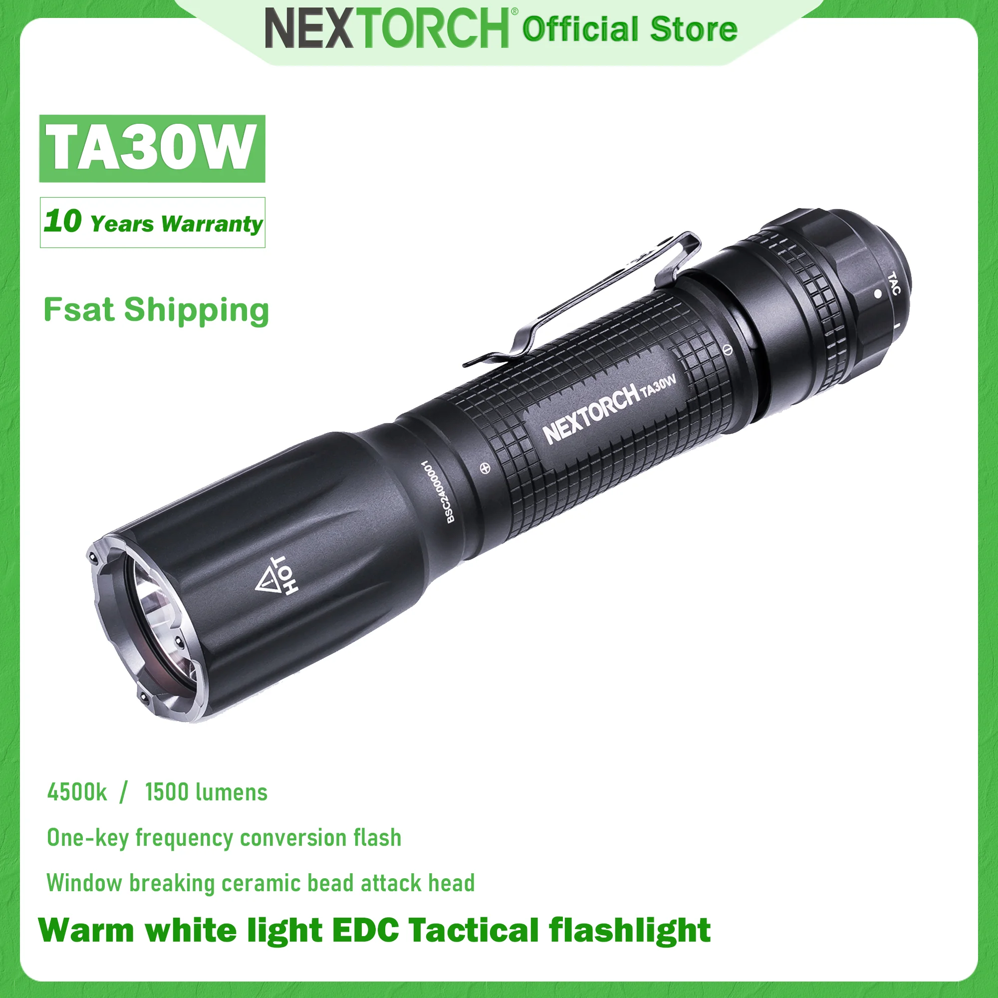 NEXTORCH TA30W 4500K white light EDC tactical flashlight, rechargeable high power flashlight, with window breaking function, LED