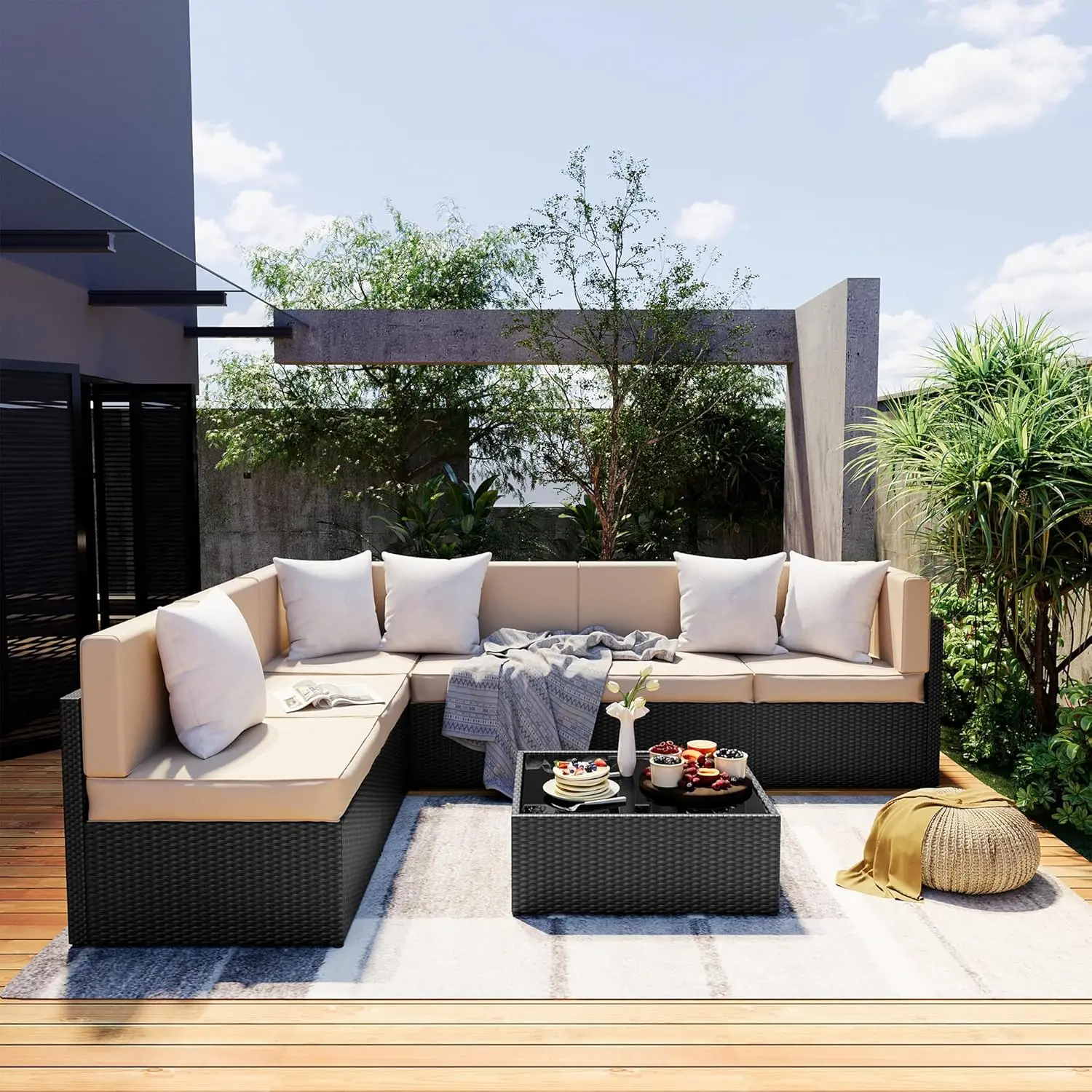 

7 Pieces Outdoor Sectional Furniture，Wicker Patio sectional Furniture Sets，All-Weather Rattan Sectional Sofa Conversation Set wi