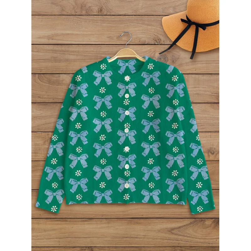 

Vintage Minimalist Bow Digital Print Women’s Sweater Knit Cardigan Thick Loose Crew Neck Long Sleeve Button Autumn Winter Casual