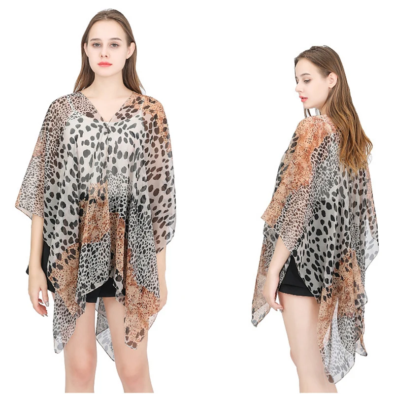 Summer Leopard Print Chiffon Sunscreen Cover Ups For Swimwear Women Loose Casual Resort Beach Wear Bikini Dress