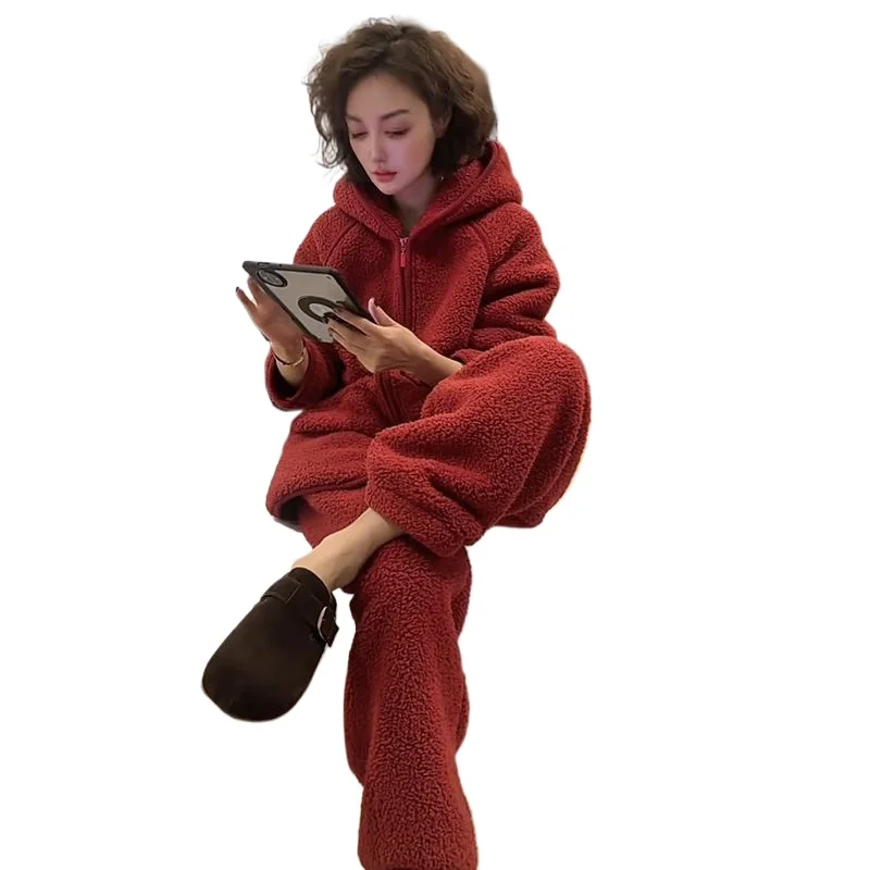 European Winter Korean Version Casual and Thin Hooded Top High Waist Solid Color Trousers Can Be Worn Outside Loungewear Suit