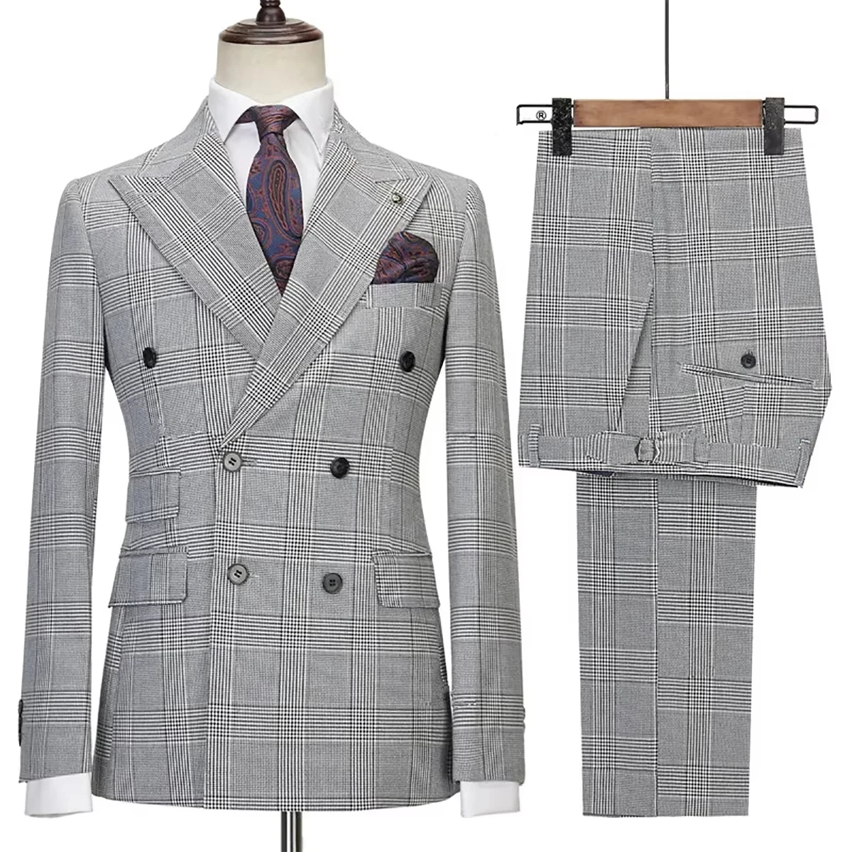 

Customized Classic Check Mens Wedding Tuxedos Double Breasted Plaid Slim Fit Pants Suits Formal Party Groom Wear 2 Pieces