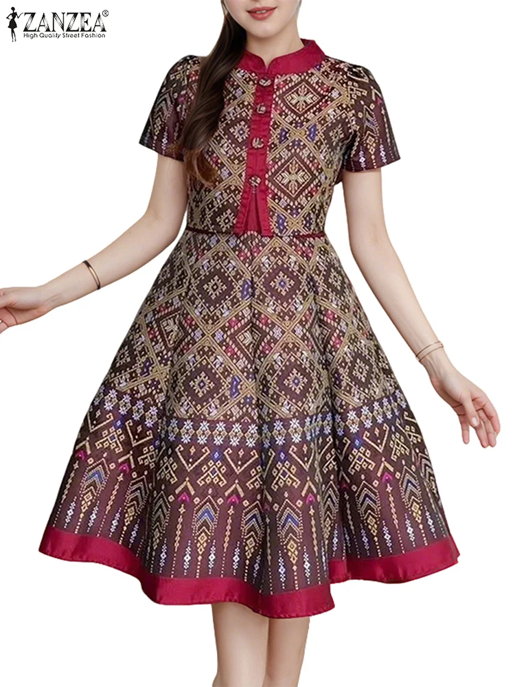 ZANZEA Vintage Geometrische Drucken A-Line Kleid Frauen Gefälschte Zwei-Stück Stehkragen Kurzarm Knie-Länge Roben Urlaub vestidos