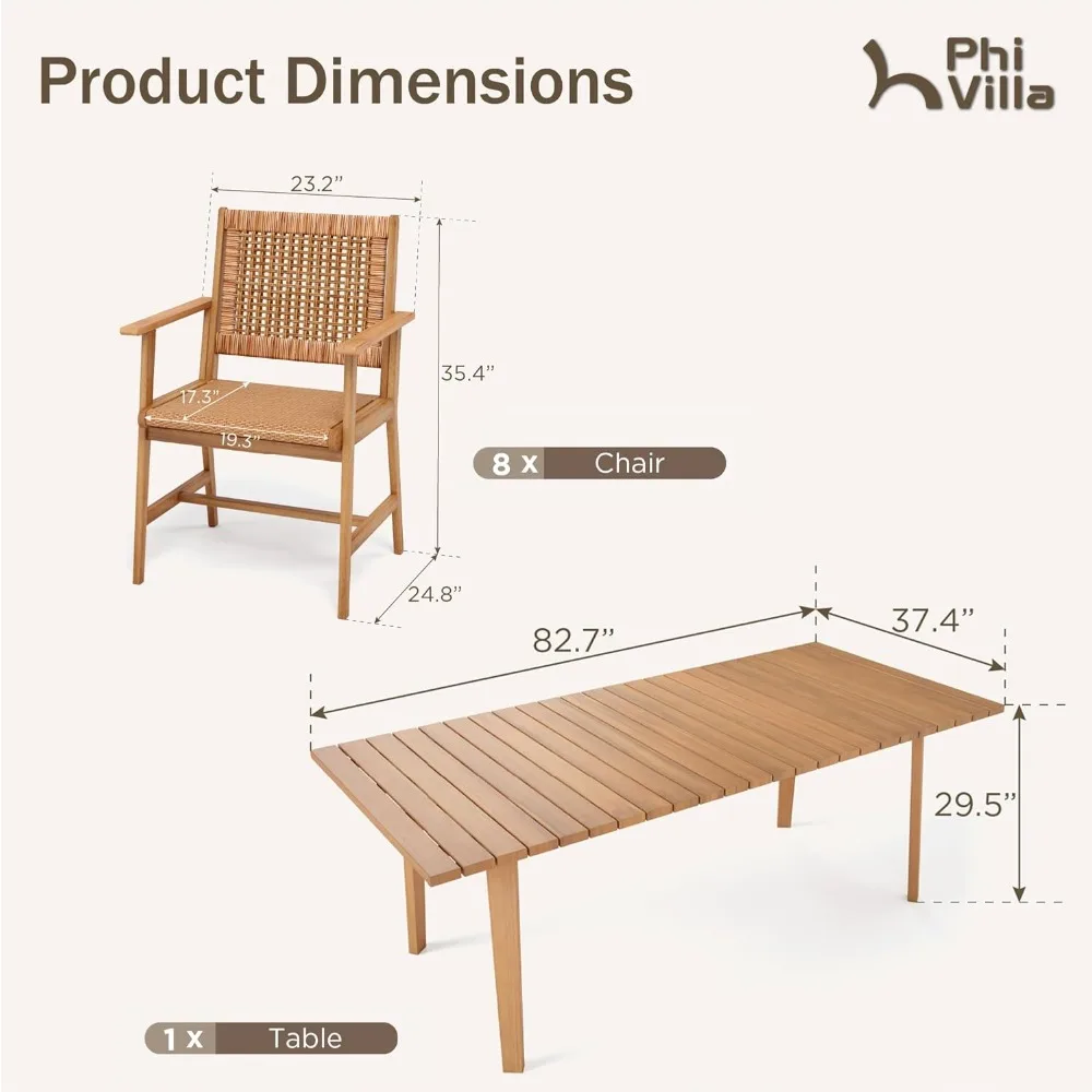 9 PCS Wood Outdoor Dining Set for 8, Teak Rectangle Wooden Table & Dining Chairs with Wicker Seat and Back, Dining Furniture Set