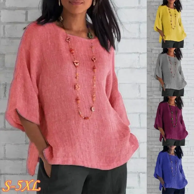 

Summer Cotton Linen Blouse irts Loose Tee Quarter ONe Ladies Faion Comfortable Breathable irt