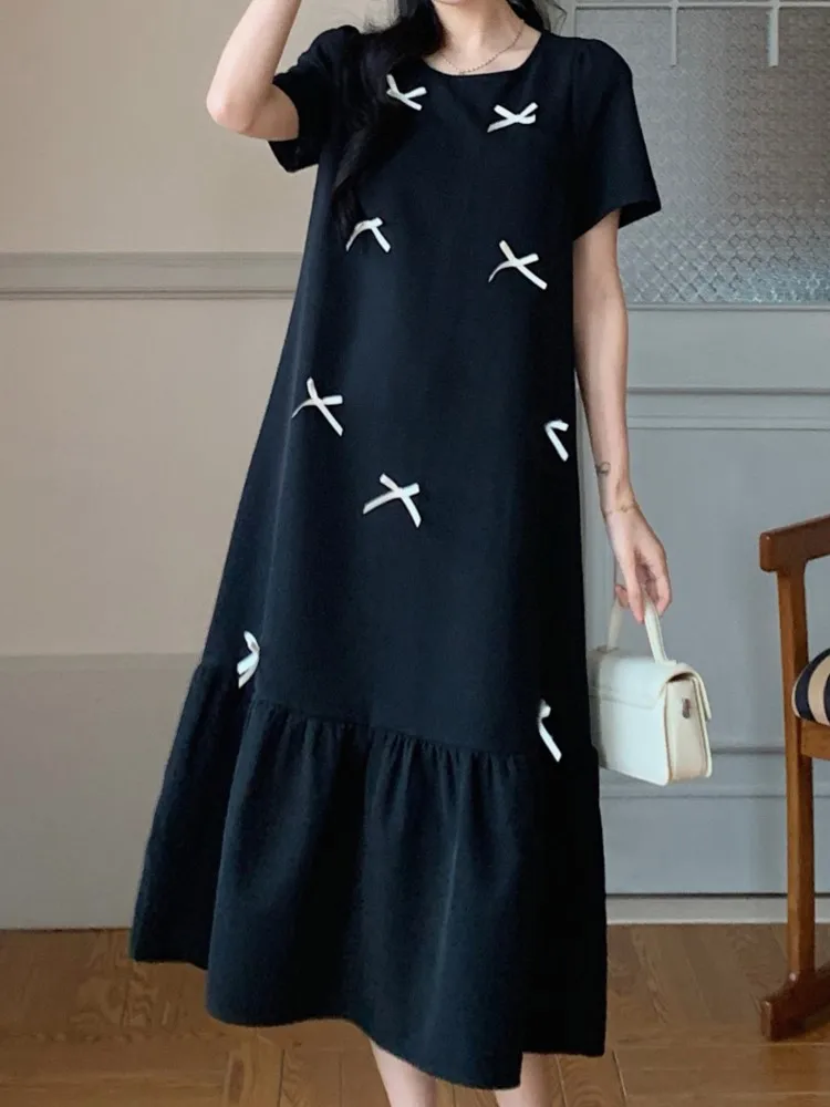 Plus size verão arco t camisa vestido feminino solto preto senhoras vestidos elegante vintage mulher vestido