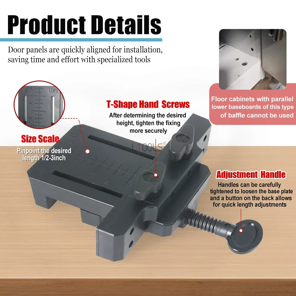 Cabinet Door Mounting Jig, instalação posicionador, alça ajustável, prático Woodworking ferramenta, piso versátil