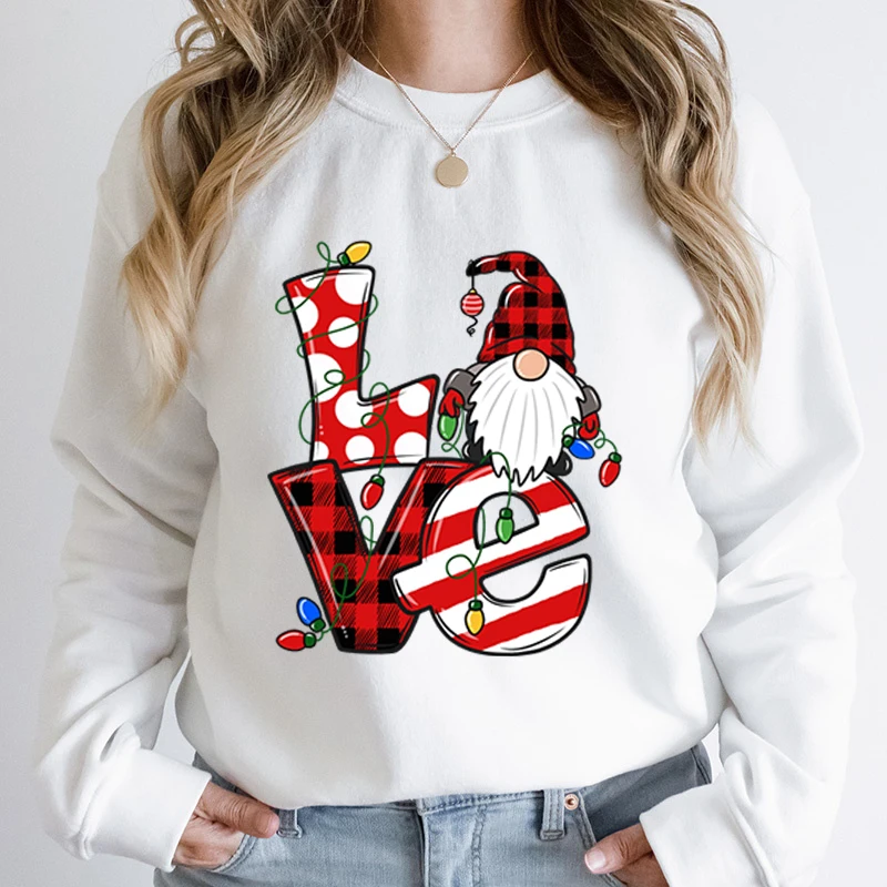 

Love Christmas Gnome Christmas Light Print Pullovers Women Winter Autumn Casual O Neck Hoodless Sweatshirts Pure Color Pullovers