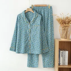 Lapel Collar Long Sleeve Sleepwear Set Spring Autumn 100% Cotton Gauze Women's Nightwear Room Wear Pajamas Loose Home Clothes