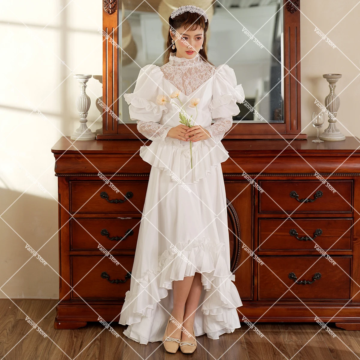 Retro Stand Up Collar High Low Victorian Wedding Gowns No Train Long Fit And Puffy Sleeves Customize Ruffled Satin Bridal Dress