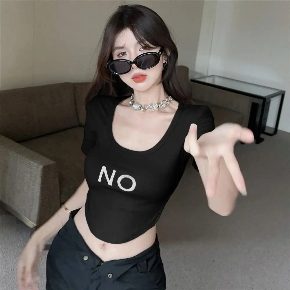 2024 New Slim Short Sleeve Ladies O-neck Pullovers Summer Printing Crop Top Women\'s Clothing Korean Undercoat Solid T-Shirts