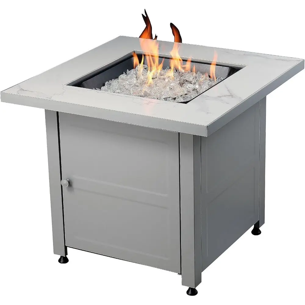 

Marble-Mantled 30 Gas Fire Pit Table with Slate, White Glass, Cover